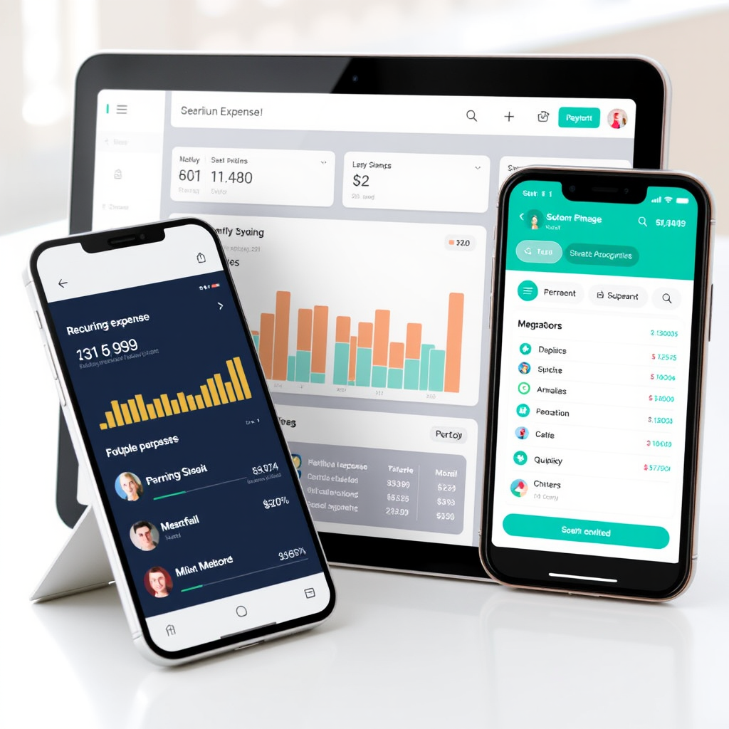 Dashboard digitale moderna che mostra grafici delle spese ricorrenti mensili, notifiche di pagamento e gestione abbonamenti su dispositivi smartphone e tablet