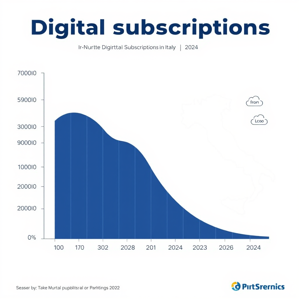 Grafico che mostra la crescita esponenziale degli abbonamenti digitali in Italia dal 2020 al 2024, con icone di smartphone, streaming e cloud services