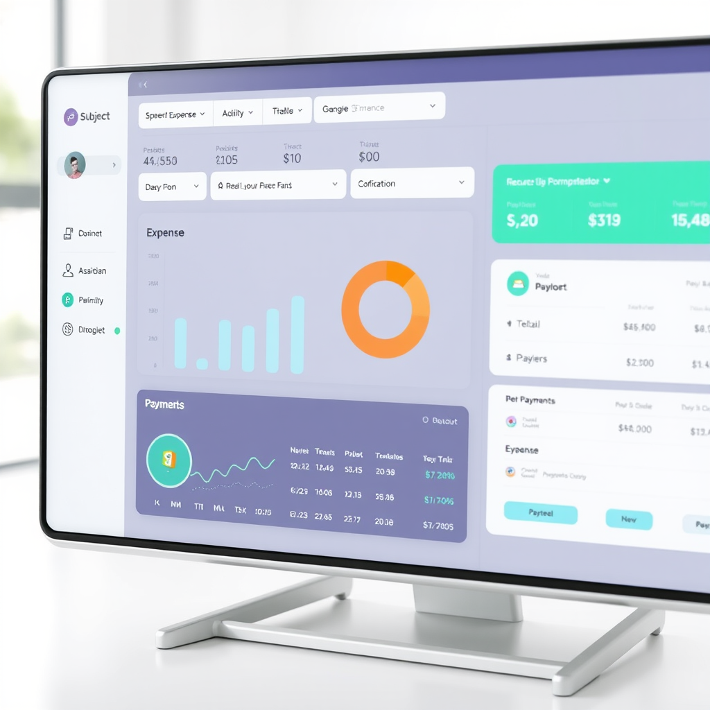 Dashboard moderno che mostra grafici di spese ricorrenti, notifiche di pagamento e strumenti di tracking finanziario su uno schermo pulito e professionale