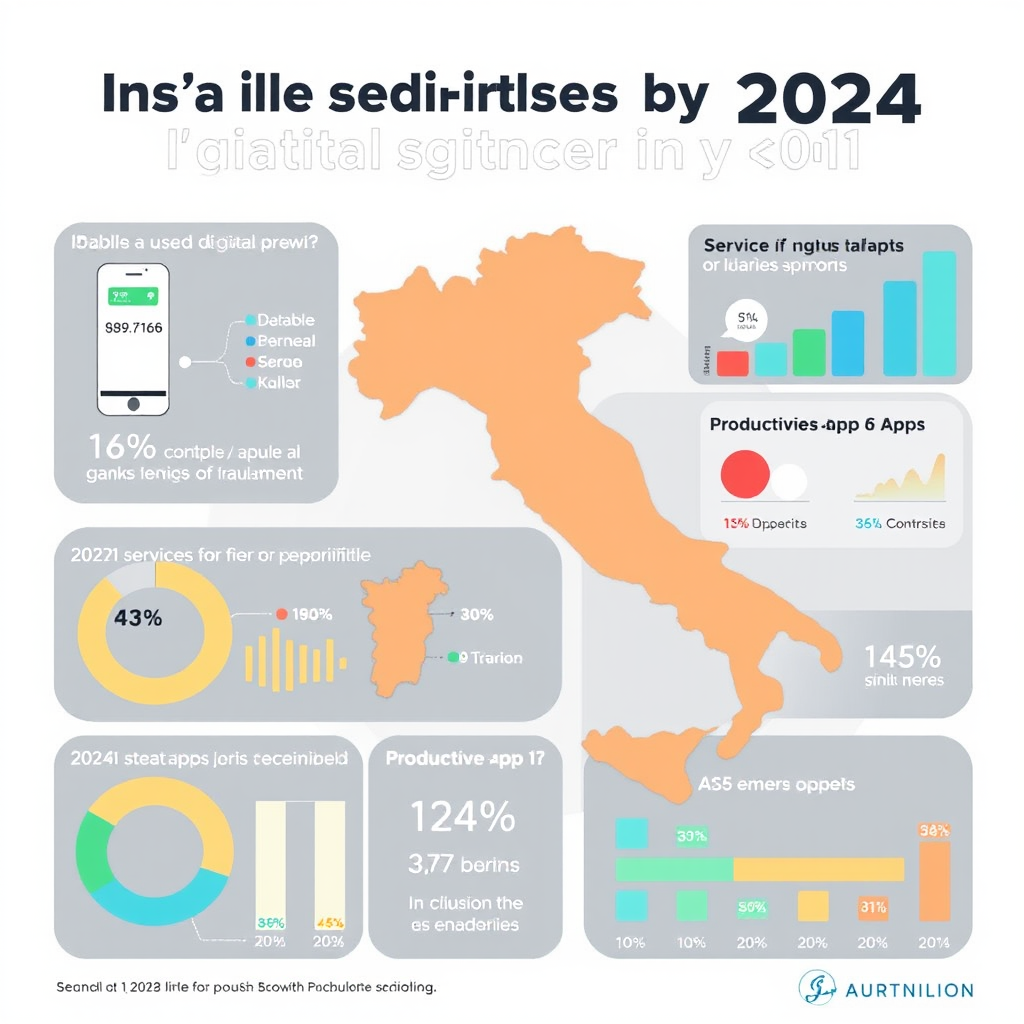 Infografica con grafici colorati che mostrano le statistiche dei servizi digitali più utilizzati dagli italiani nel 2024, inclusi dati su mobile, streaming e app di produttività