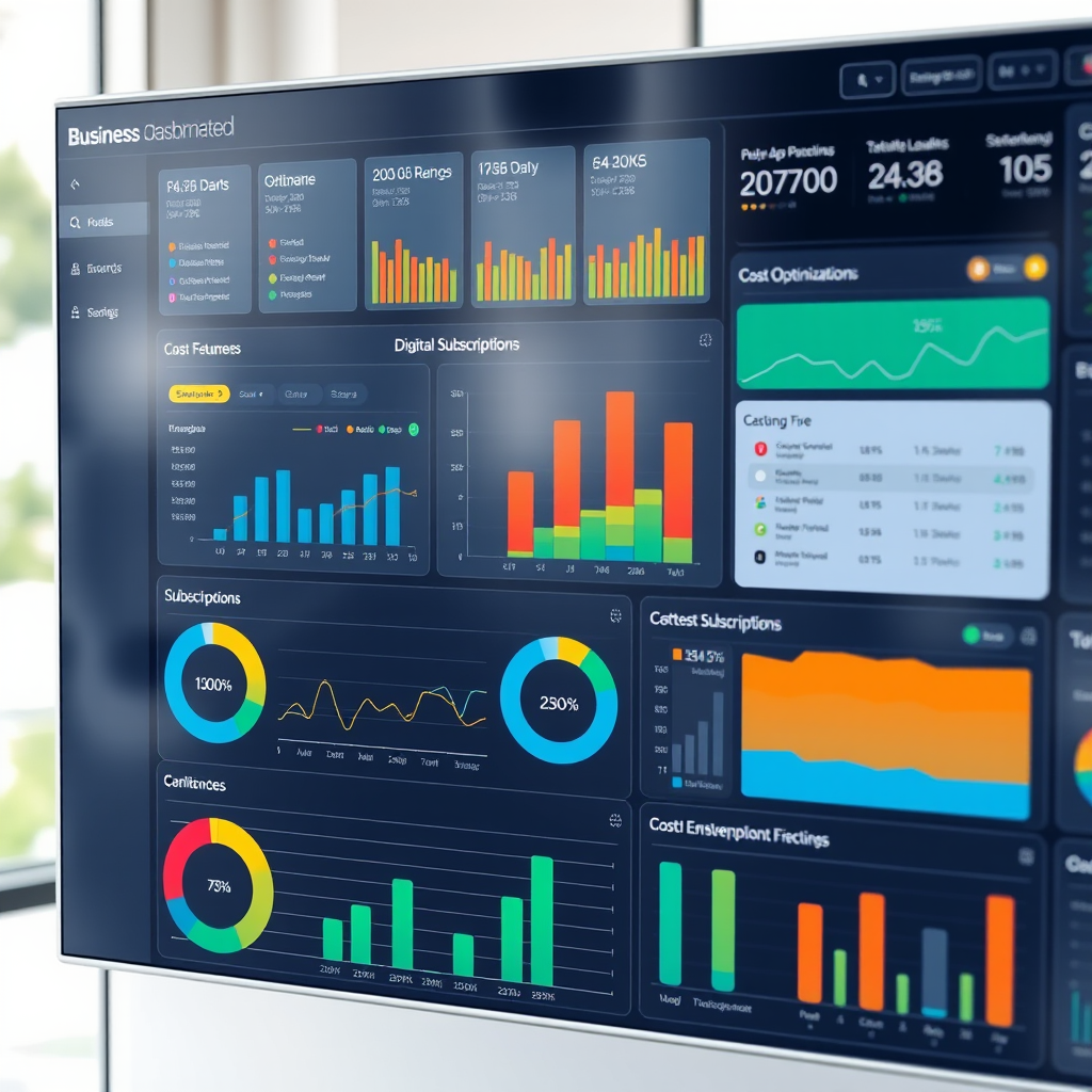 Dashboard aziendale moderno che mostra grafici colorati degli abbonamenti digitali, metriche di utilizzo e strumenti di ottimizzazione dei costi