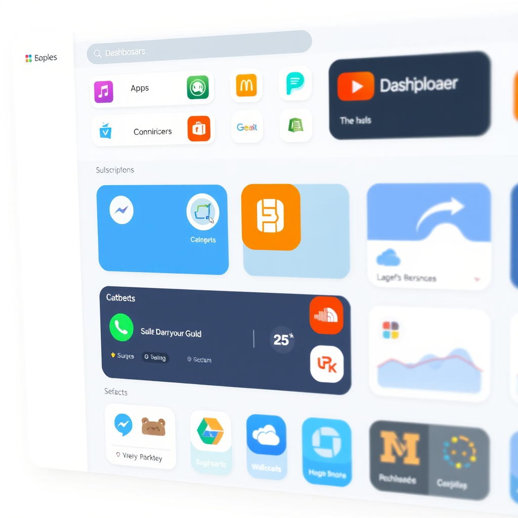 Dashboard digitale con icone di varie app e servizi di abbonamento organizzati in una griglia pulita e moderna