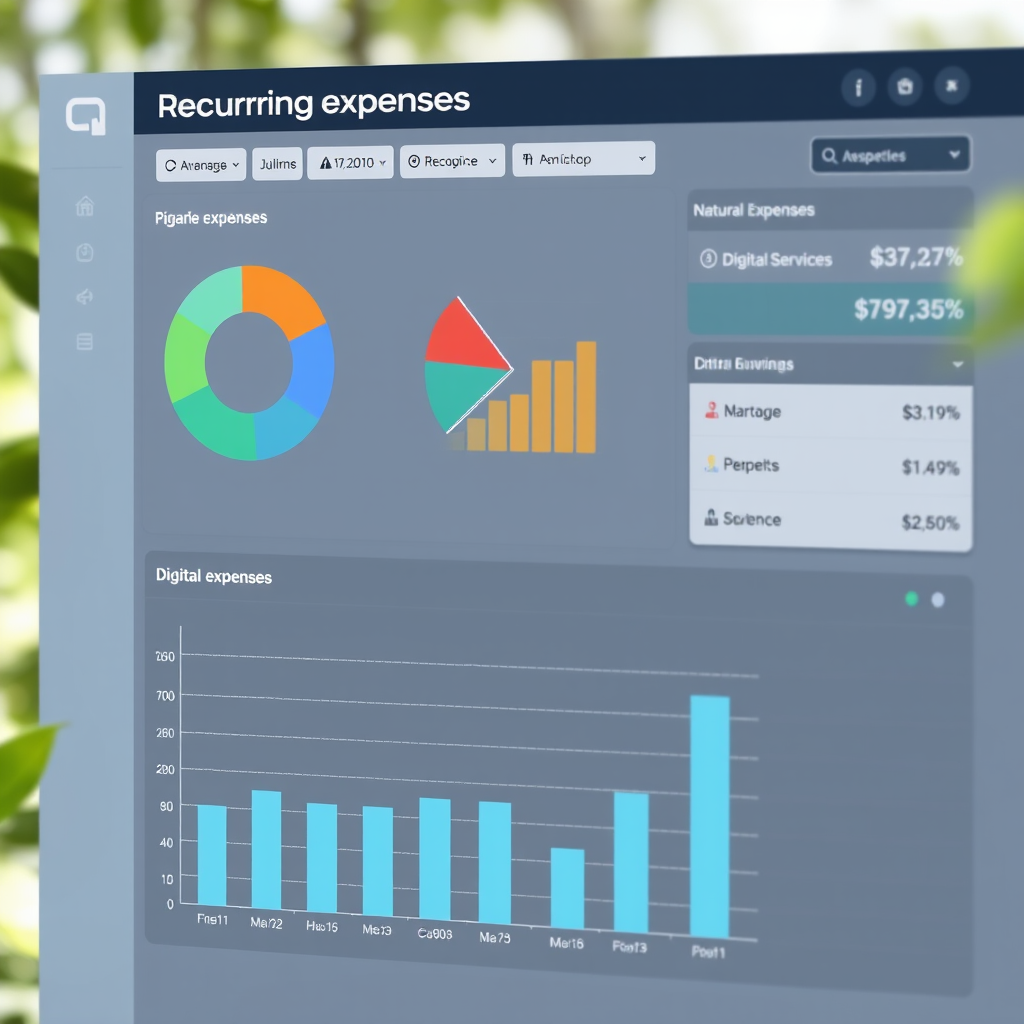 Dashboard di analisi delle spese ricorrenti con grafici a torta e barre che mostrano la distribuzione delle spese per categoria di servizi digitali