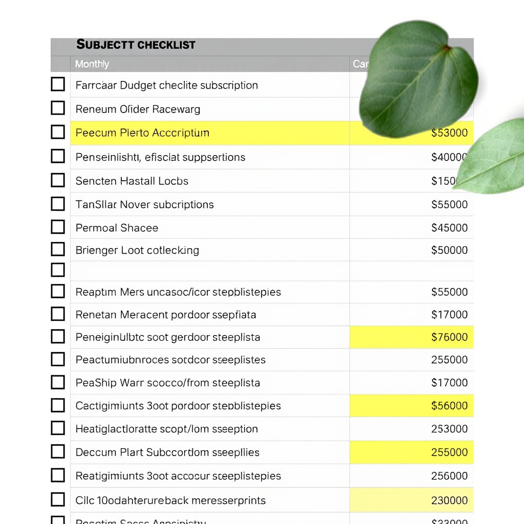 Checklist digitale organizzata che mostra un elenco dettagliato di abbonamenti attivi con costi mensili evidenziati in giallo e date di rinnovo