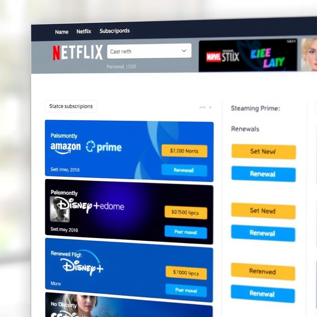 Screenshot di una dashboard per la gestione di abbonamenti streaming con Netflix, Amazon Prime, Disney+ e altre piattaforme, mostrando costi mensili e date di rinnovo