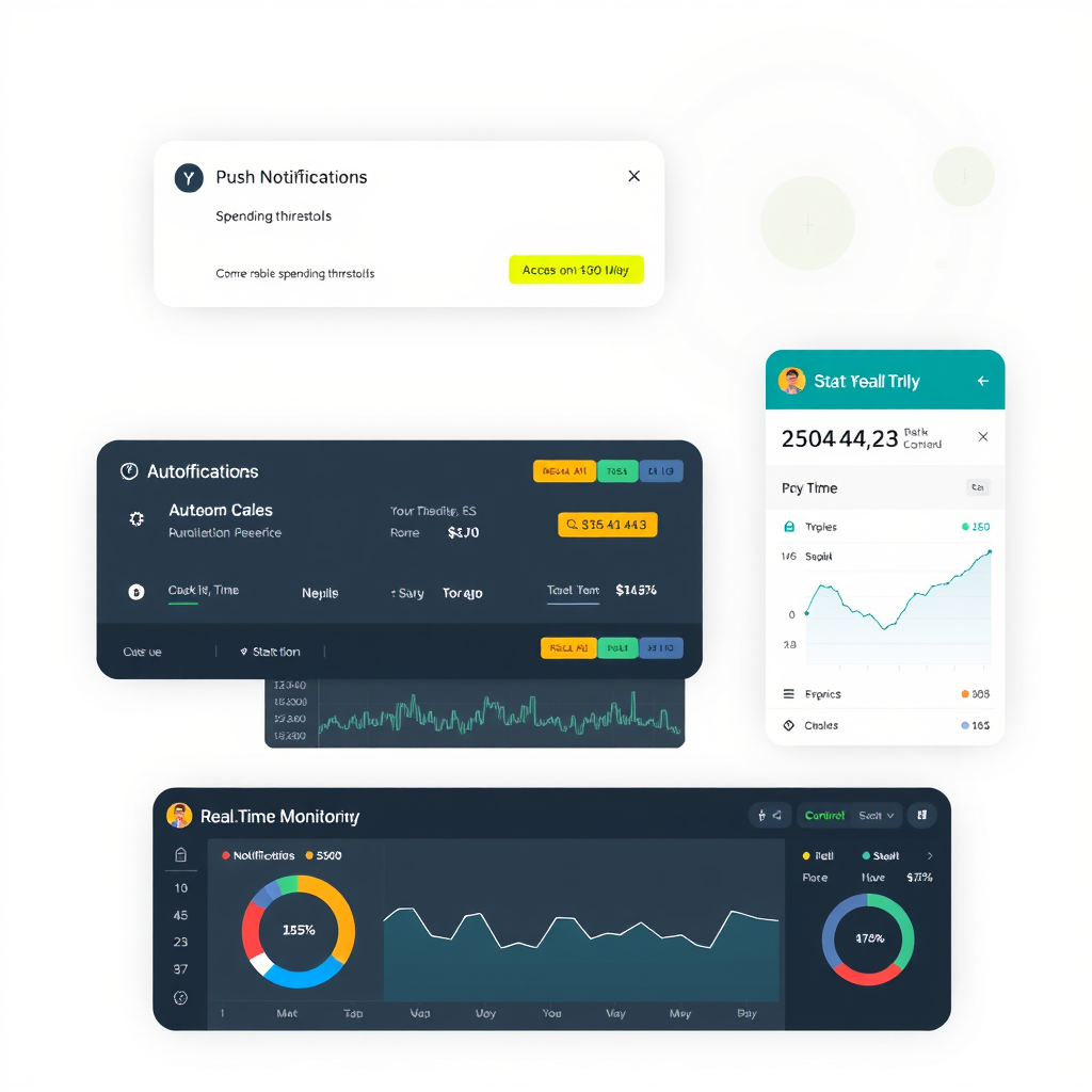 Schermata di un sistema di controllo automatico che mostra notifiche push, soglie di spesa personalizzabili e dashboard di monitoraggio in tempo reale