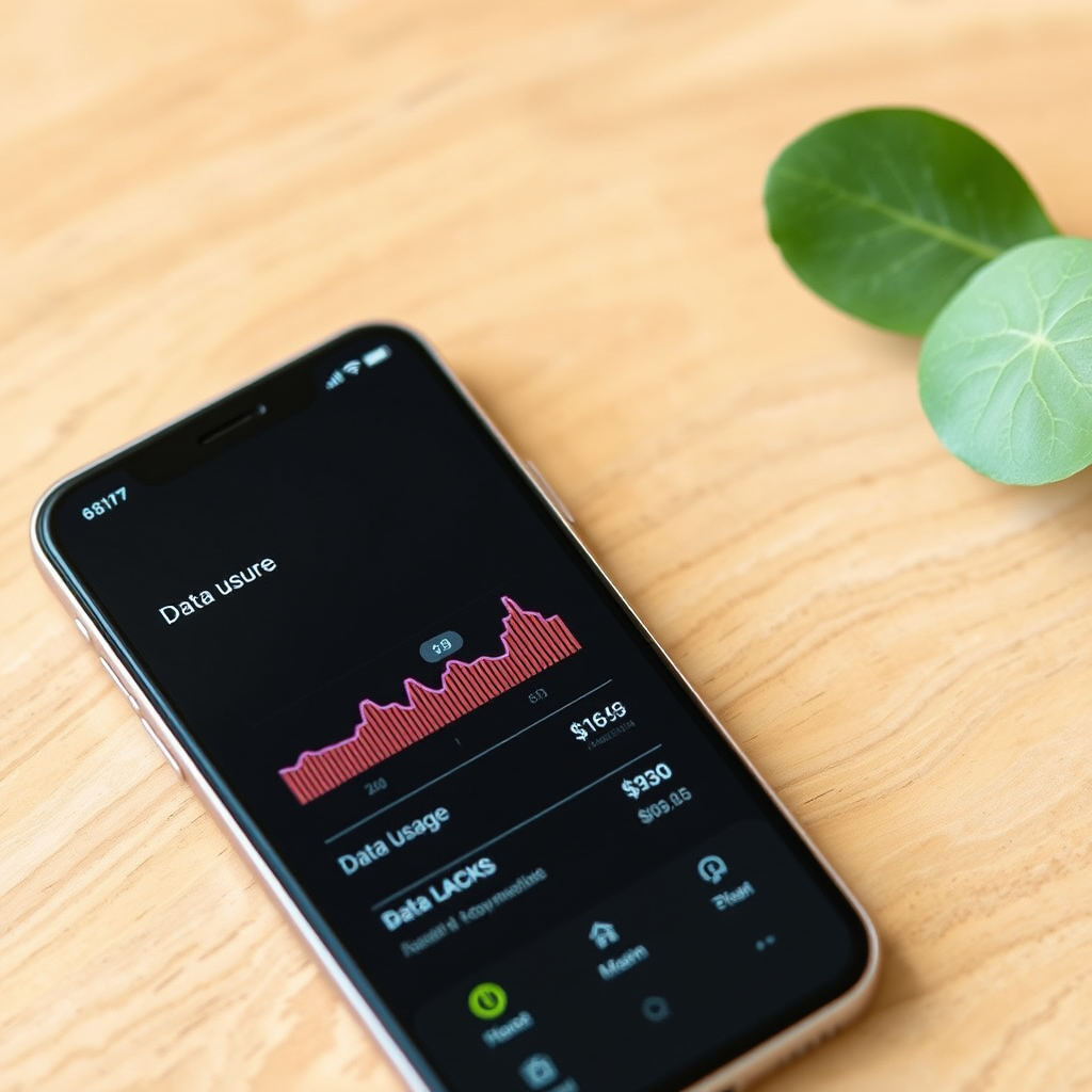 Smartphone con barre del segnale e grafici che mostrano l'utilizzo dei dati e i costi del piano telefonico