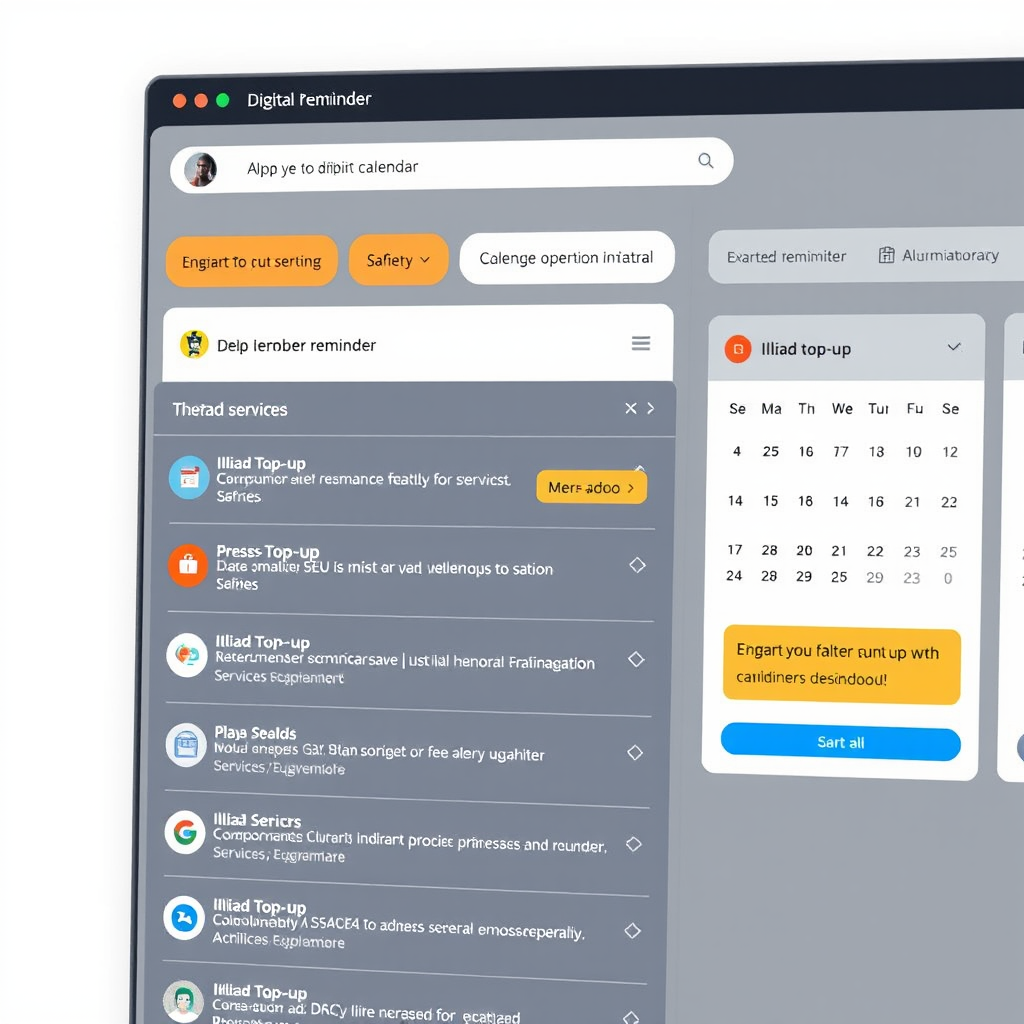 Screenshot del dashboard calendario scadenze digitali con promemoria per ricarica iliad e altri servizi