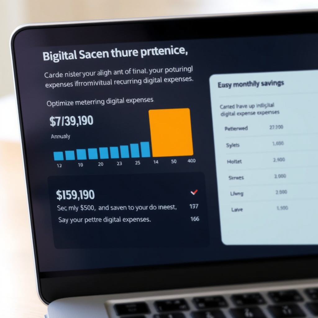 Interfaccia con grafici statistici che mostrano il potenziale risparmio mensile e annuale derivante dall'ottimizzazione delle spese ricorrenti digitali