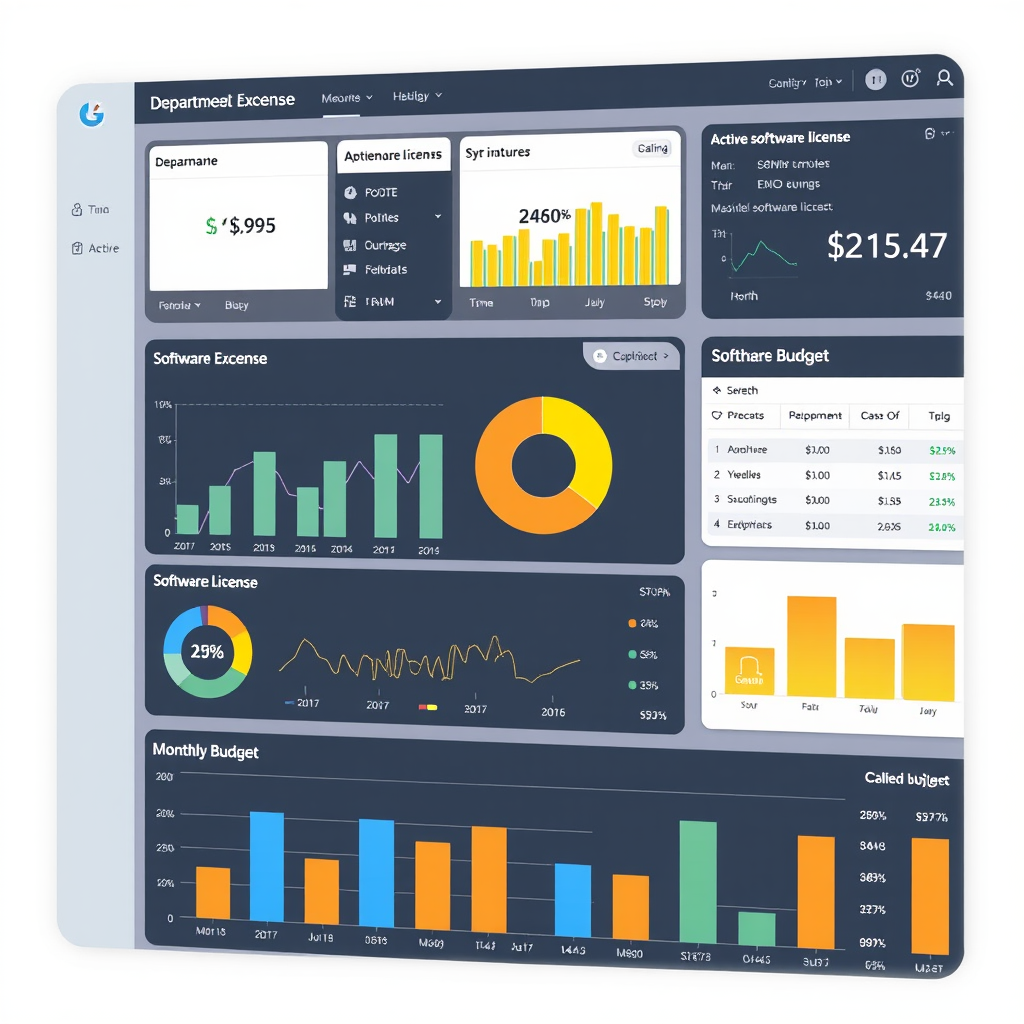 Dashboard aziendale professionale che mostra grafici delle spese per dipartimento, controllo licenze software attive e previsioni budget mensili