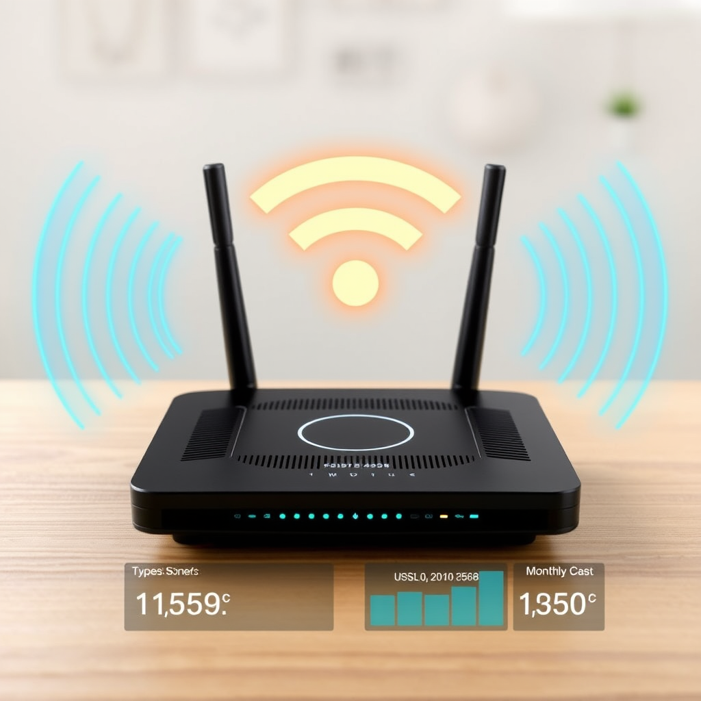 Router wifi con onde di segnale e grafici che mostrano la velocità di connessione internet e i costi mensili