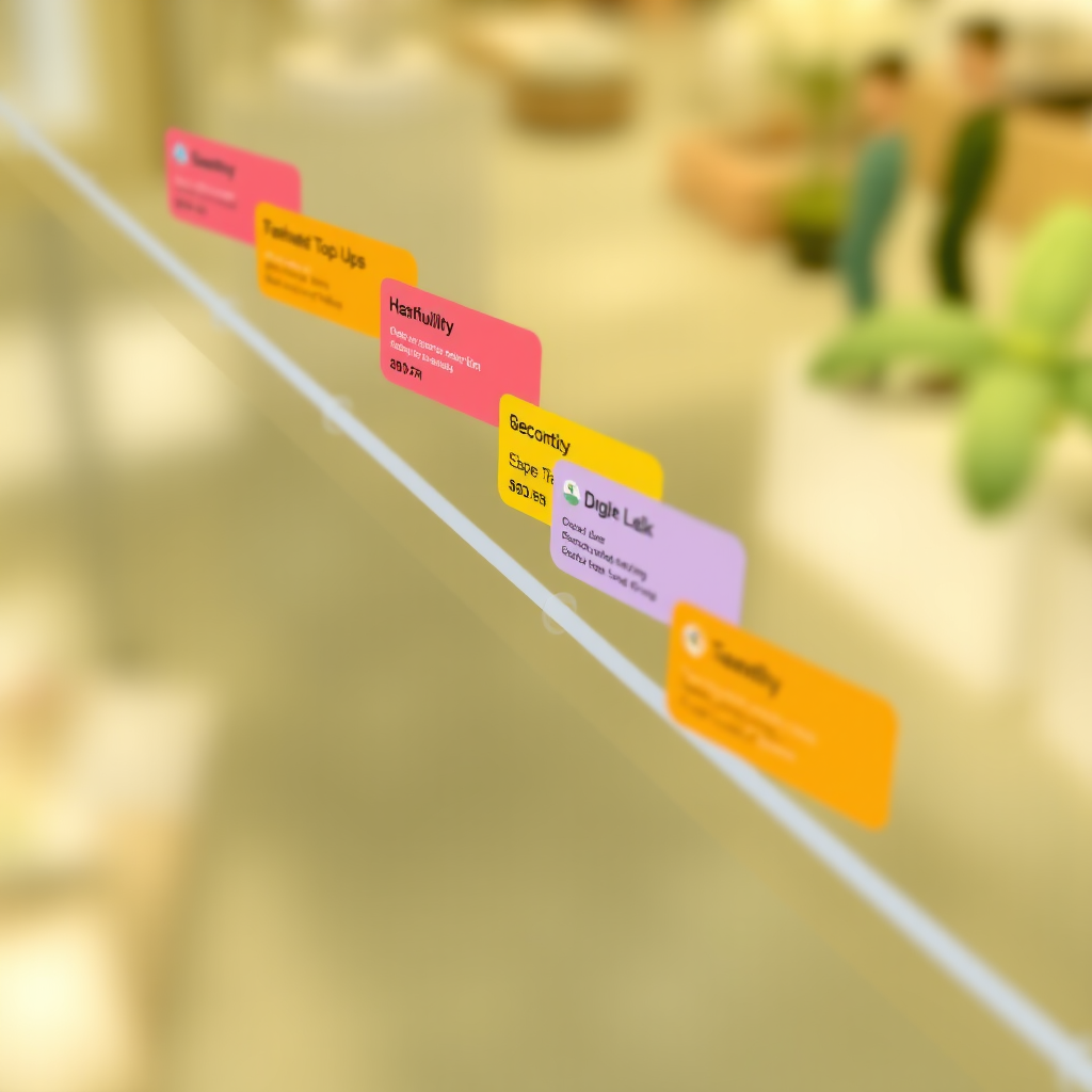 Timeline visuale che mostra spese ricorrenti mensili con promemoria colorati per ricariche iliad, abbonamenti e servizi digitali