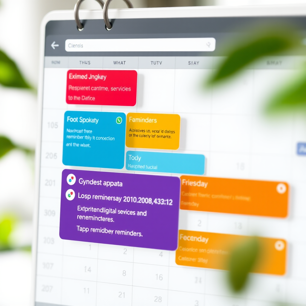 Calendario digitale con notifiche colorate che evidenziano le date di scadenza dei servizi digitali e promemoria
