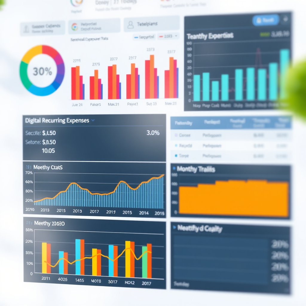Grafici e statistiche dettagliate che mostrano l'analisi delle spese ricorrenti digitali con barre colorate e trend mensili